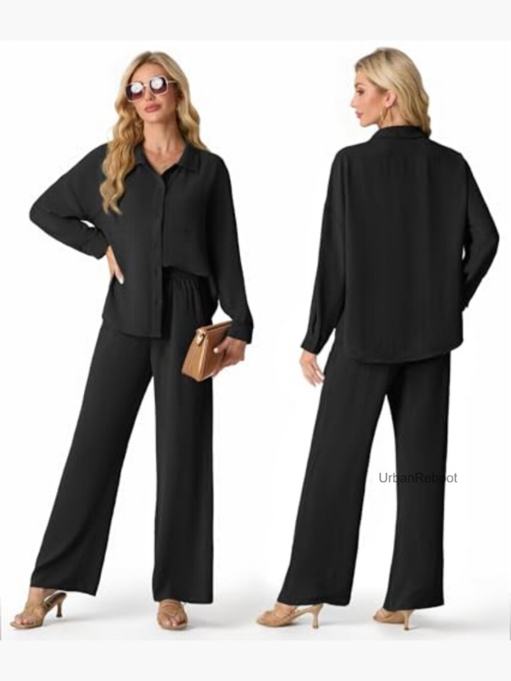 Womens Lounge Sets 2 Piece Outfits Button Down Shirt Wide Leg Pants Tracksuit - Picture 5 of 7